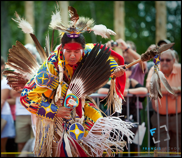 A Cree (Cris) from the Mistawasis First Nation wearing Cree traditional dresses and paint takes part into the dance contest of the Wendake Pow-Wow July 1, 2012. The Algonquian-speaking Cree are one of the largest groups of First Nations / Native Americans in North America, with 200,000 members living in Canada.