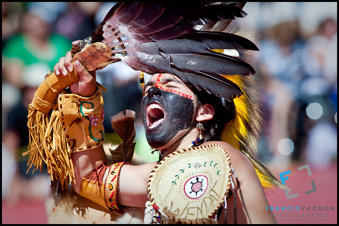 A young natives wearing Huron-Wendat traditional dresses and paint takes part into the dance contest of the Wendake Pow-Wow July 1, 2012. The Wyandot (also called Huron) are indigenous peoples of North America, known in their native language of the Iroquoian family as the Wendat.