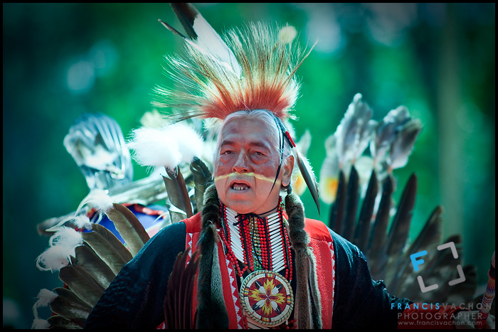 Dennis Francis, wearing Saulteaux traditional dresses and paint, takes part into the dance contest of the Wendake Pow-Wow July 1, 2012. The Saulteaux are a branch of the Ojibwe nations sometimes called the Anihsinape (Anishinaabe).